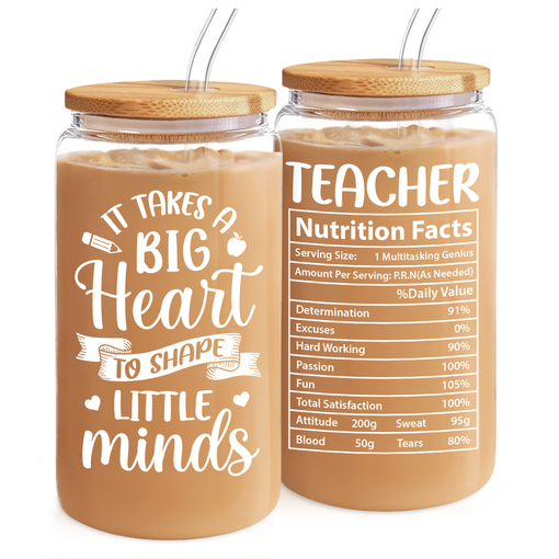 Teacher 16 Oz Can Glass Coffee Cup with Straws - Teacher Appreciation Gift on Birthday Back To School