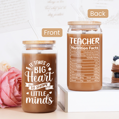 Teacher 16 Oz Can Glass Coffee Cup with Straws - Teacher Appreciation Gift on Birthday Back To School