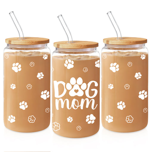 Dog Mom Cup 16 Oz Can Glass Coffee Mug with Bamboo Lid & Straw - Dog Lover Gifts for Women