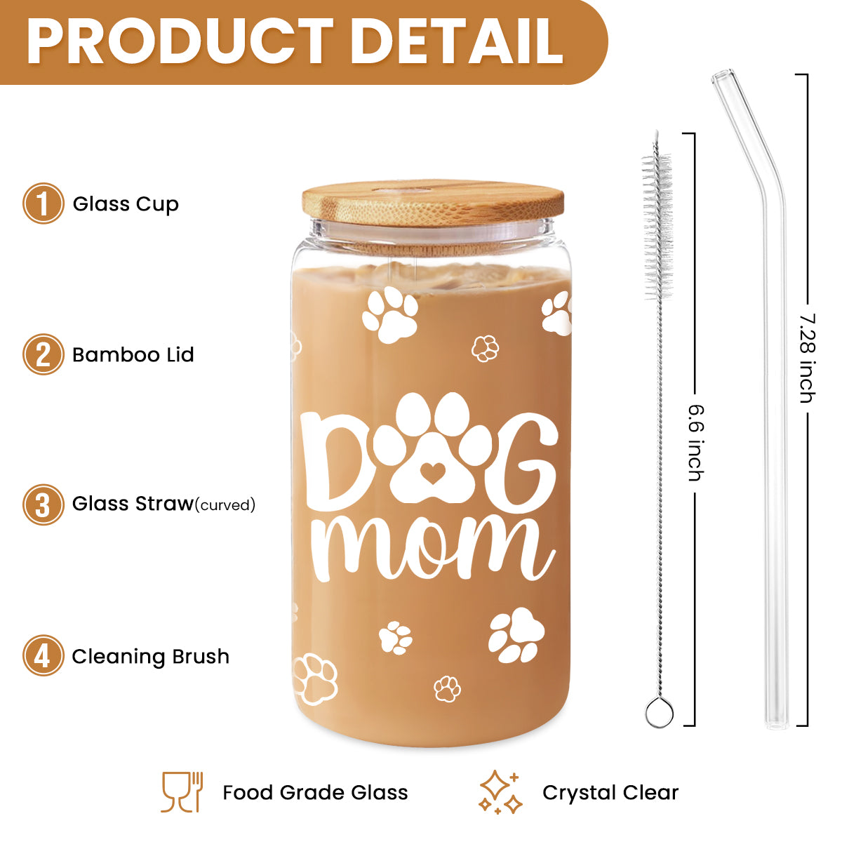 Dog Mom Cup 16 Oz Can Glass Coffee Mug with Bamboo Lid & Straw - Dog Lover Gifts for Women