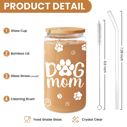 Dog Mom Cup 16 Oz Can Glass Coffee Mug with Bamboo Lid & Straw - Dog Lover Gifts for Women