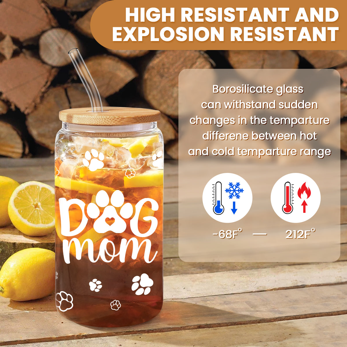 Dog Mom Cup 16 Oz Can Glass Coffee Mug with Bamboo Lid & Straw - Dog Lover Gifts for Women