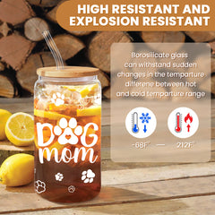 Dog Mom Cup 16 Oz Can Glass Coffee Mug with Bamboo Lid & Straw - Dog Lover Gifts for Women