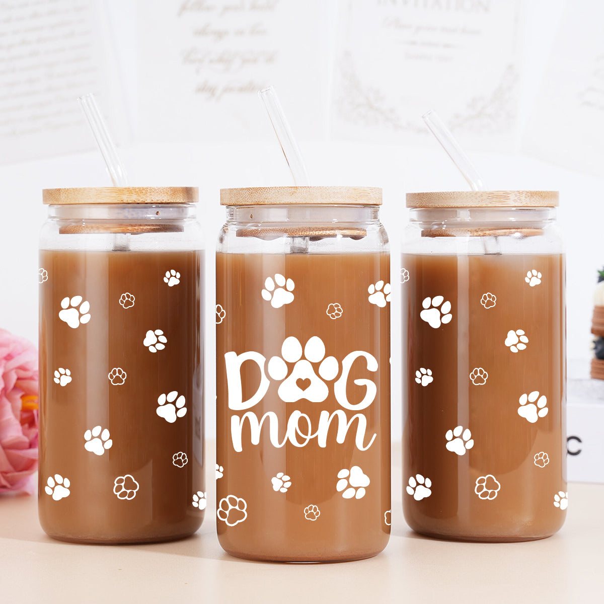 Dog Mom Cup 16 Oz Can Glass Coffee Mug with Bamboo Lid & Straw - Dog Lover Gifts for Women