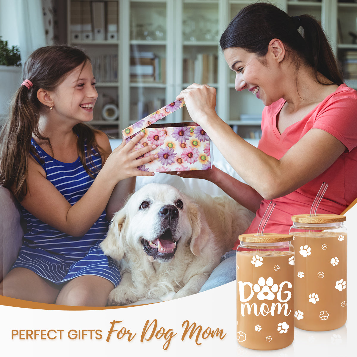 Dog Mom Cup 16 Oz Can Glass Coffee Mug with Bamboo Lid & Straw - Dog Lover Gifts for Women