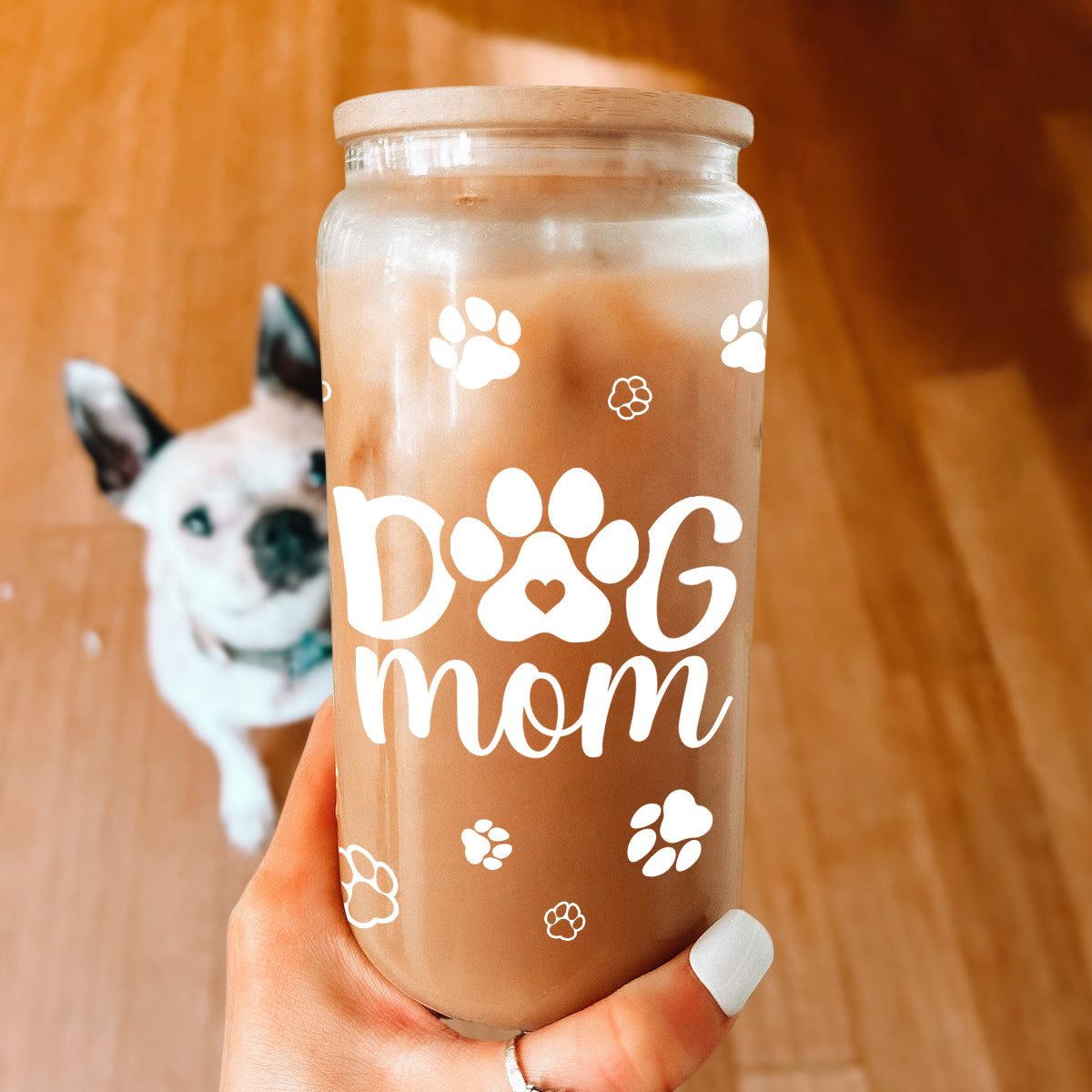 Dog Mom Cup 16 Oz Can Glass Coffee Mug with Bamboo Lid & Straw - Dog Lover Gifts for Women