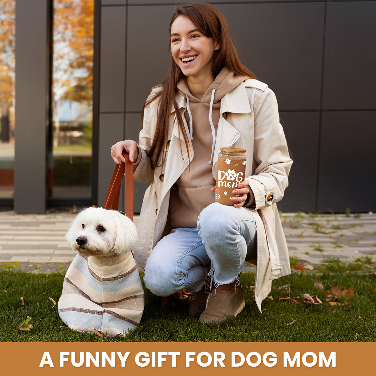 Dog Mom Cup 16 Oz Can Glass Coffee Mug with Bamboo Lid & Straw - Dog Lover Gifts for Women