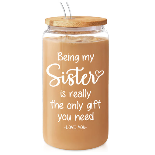 Funny Sister Cup 16 Oz Can Glass with Bamboo Lid & Straw - Gift for Sister for Birthday