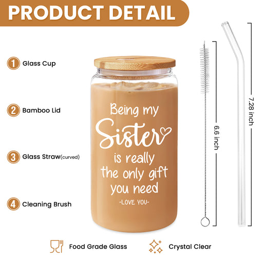 Funny Sister Cup 16 Oz Can Glass with Bamboo Lid & Straw - Gift for Sister for Birthday