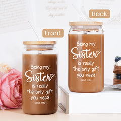Funny Sister Cup 16 Oz Can Glass with Bamboo Lid & Straw - Gift for Sister for Birthday