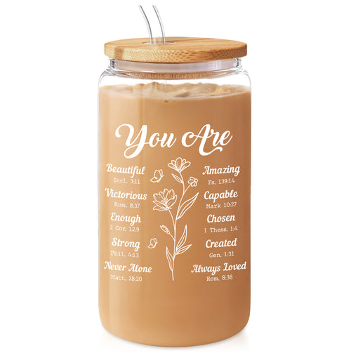 Inspirational 16 Oz Can Glass Coffee Cup with Bamboo Lid & Straw - Christian Gifts for Women