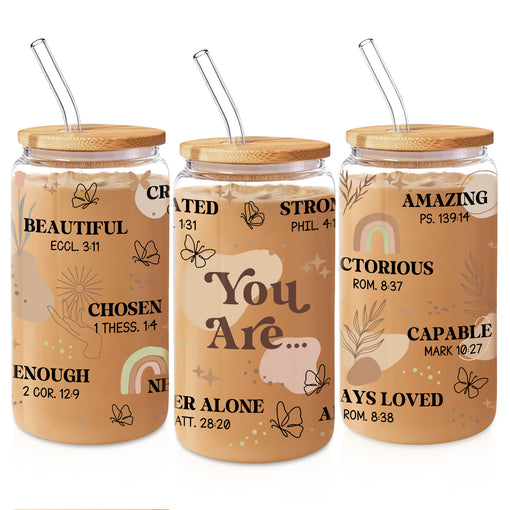 Inspirational 16 Oz Can Glass Coffee Cup with Bamboo Lid & Straw - Christian Gifts for Women on Birthday