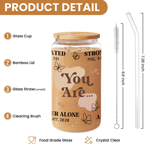 Inspirational 16 Oz Can Glass Coffee Cup with Bamboo Lid & Straw - Christian Gifts for Women on Birthday