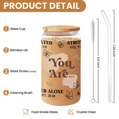 Inspirational 16 Oz Can Glass Coffee Cup with Bamboo Lid & Straw - Christian Gifts for Women on Birthday