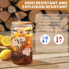 Inspirational 16 Oz Can Glass Coffee Cup with Bamboo Lid & Straw - Christian Gifts for Women on Birthday