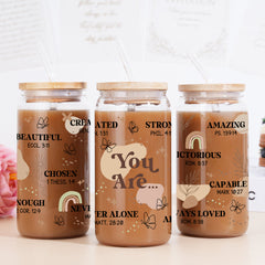 Inspirational 16 Oz Can Glass Coffee Cup with Bamboo Lid & Straw - Christian Gifts for Women on Birthday