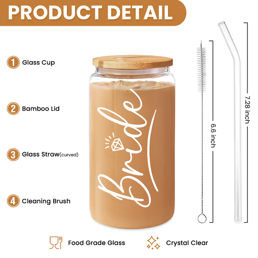 Bride Glass Coffee Cup 16 Oz with Bamboo Lid and Straw - Bridal Shower Gift