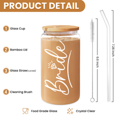 Bride Glass Coffee Cup 16 Oz with Bamboo Lid and Straw - Bridal Shower Gift