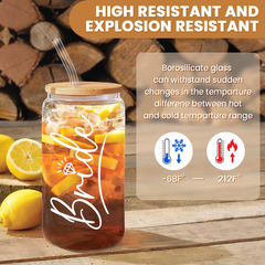 Bride Glass Coffee Cup 16 Oz with Bamboo Lid and Straw - Bridal Shower Gift