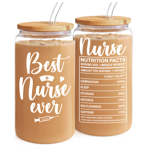 Nurse Cup 16 Oz Glass Can with Bamboo Lid and Straw - Nurse Appreciation Gifts on Birthday