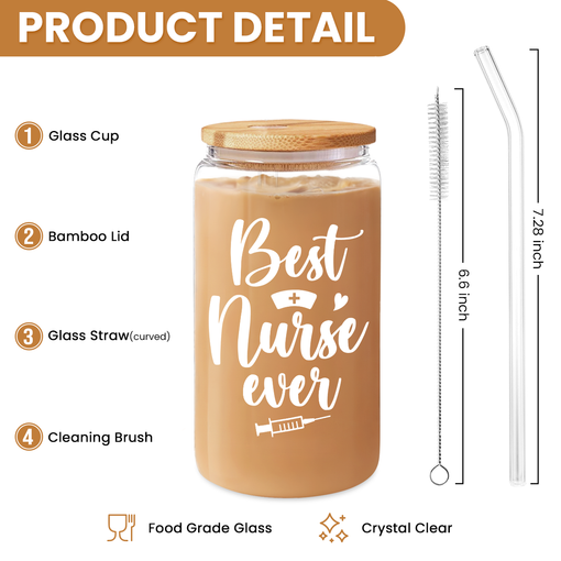 Nurse Cup 16 Oz Glass Can with Bamboo Lid and Straw - Nurse Appreciation Gifts on Birthday