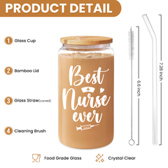 Nurse Cup 16 Oz Glass Can with Bamboo Lid and Straw - Nurse Appreciation Gifts on Birthday