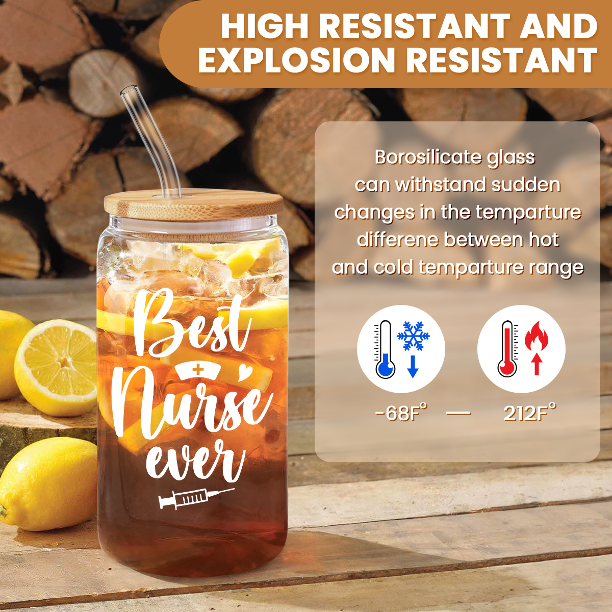 Nurse Cup 16 Oz Glass Can with Bamboo Lid and Straw - Nurse Appreciation Gifts on Birthday