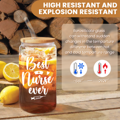 Nurse Cup 16 Oz Glass Can with Bamboo Lid and Straw - Nurse Appreciation Gifts on Birthday