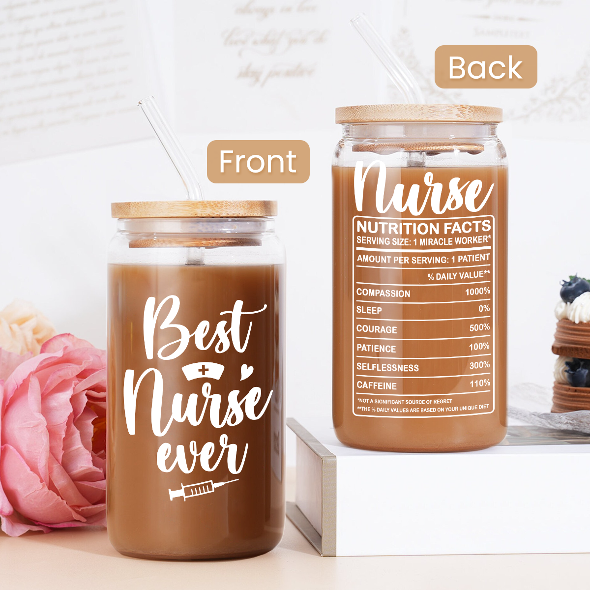 Nurse Cup 16 Oz Glass Can with Bamboo Lid and Straw - Nurse Appreciation Gifts on Birthday