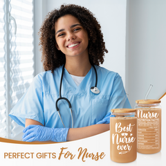 Nurse Cup 16 Oz Glass Can with Bamboo Lid and Straw - Nurse Appreciation Gifts on Birthday