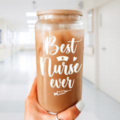 Nurse Cup 16 Oz Glass Can with Bamboo Lid and Straw - Nurse Appreciation Gifts on Birthday