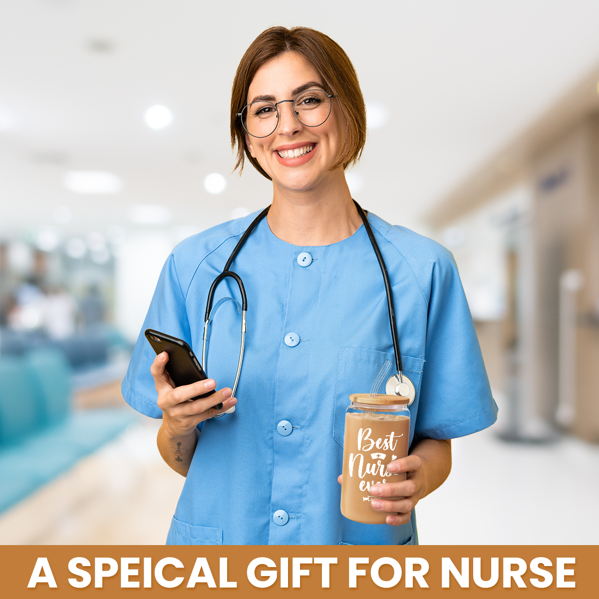 Nurse Cup 16 Oz Glass Can with Bamboo Lid and Straw - Nurse Appreciation Gifts on Birthday