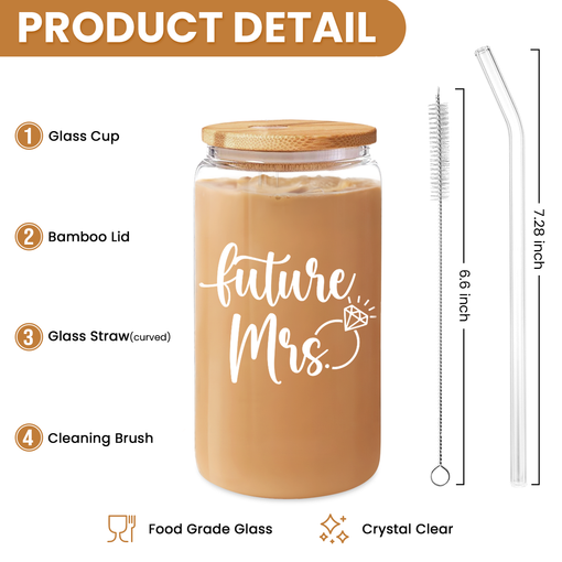 Future Mrs Glass Coffee Cup 16 Oz with Bamboo Lid and Straw - Bridal Shower Gift