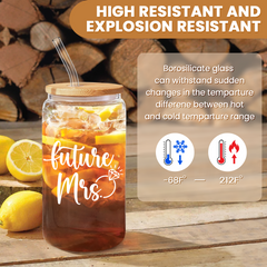 Future Mrs Glass Coffee Cup 16 Oz with Bamboo Lid and Straw - Bridal Shower Gift