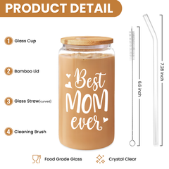 Mom 16 Oz Can Glass Coffee Cup with Bamboo Lid & Straw - Mothers Gift Gifts for from Daughter Son on Birthday Mothers Day Valentines