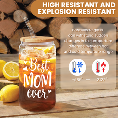 Mom 16 Oz Can Glass Coffee Cup with Bamboo Lid & Straw - Mothers Gift Gifts for from Daughter Son on Birthday Mothers Day Valentines