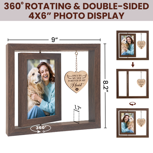 Pet Memorial Photo Frame, 360-Degree Floating Rotating Wooden Picture Frames for Loss of Dogs Cats, Remembrance Keepsakes Gifts for Dog Cat Owners