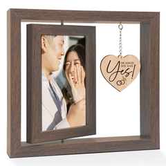 Rotating Photo Frame for Couples, He Asked She Said Yes Engagement Engaged Gifts, 360-Degree Floating Wooden Picture Frames Gift for Couple