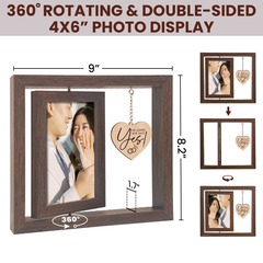 Rotating Photo Frame for Couples, He Asked She Said Yes Engagement Engaged Gifts, 360-Degree Floating Wooden Picture Frames Gift for Couple