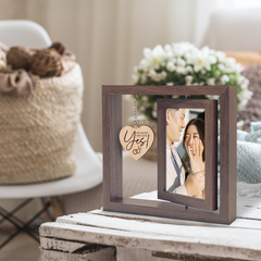 Rotating Photo Frame for Couples, He Asked She Said Yes Engagement Engaged Gifts, 360-Degree Floating Wooden Picture Frames Gift for Couple