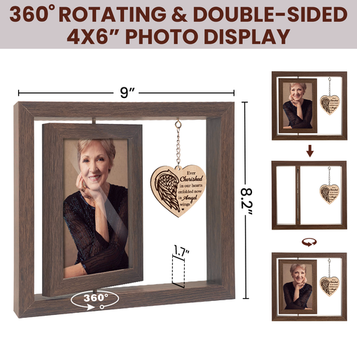 Memorial Rotating Photo Frame, Bereavement Gift for Loss of Mom Dad Grandma Grandpa Remembrance, 360-Degree Floating Wooden Picture Frames for Family Friends