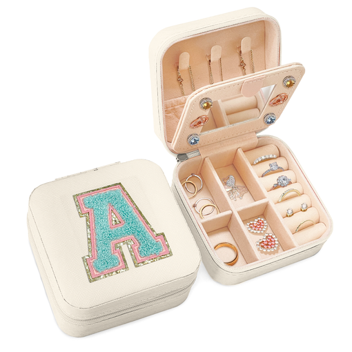 Personalized Jewelry Box, White Travel Jewelry Box with Initial A, Small Monogrammed Jewelry Case Organizer for Girls Women Teen Kids, Mini Travel Essentials Gifts for Birthday Christmas