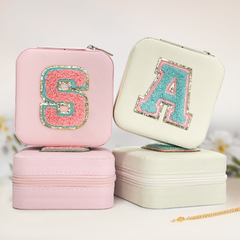 White Monogram Square Leather Travel Jewelry Case 4-Layer Sewing