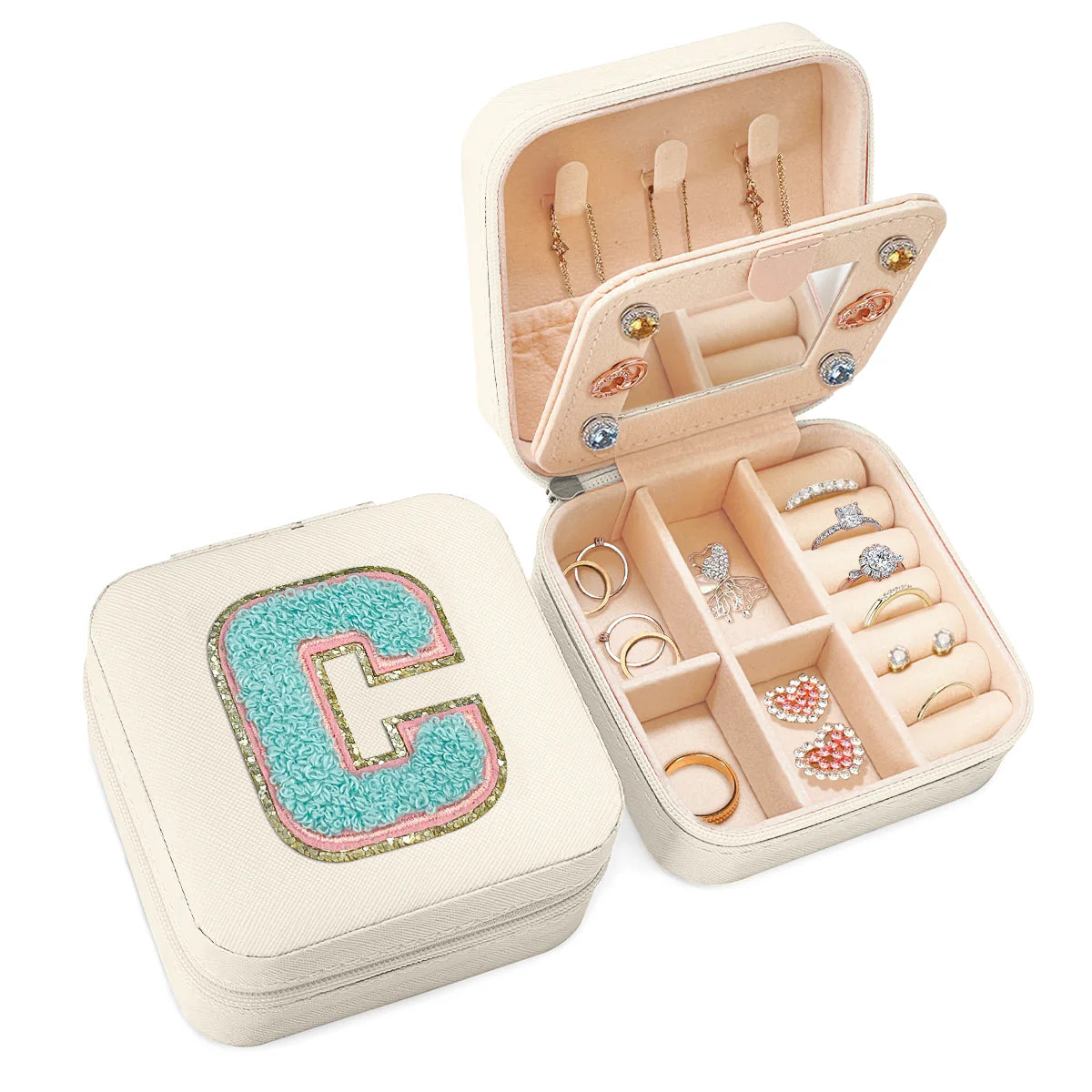 Personalized Jewelry Box, White Travel Jewelry Box, Small Monogrammed Jewelry Case Organizer for Girls Women Teen Kids, Mini Travel Essentials Gifts for Birthday Christmas