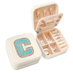 Personalized Jewelry Box, White Travel Jewelry Box with Initial C, Small Monogrammed Jewelry Case Organizer for Girls Women Teen Kids, Mini Travel Essentials Gifts for Birthday Christmas