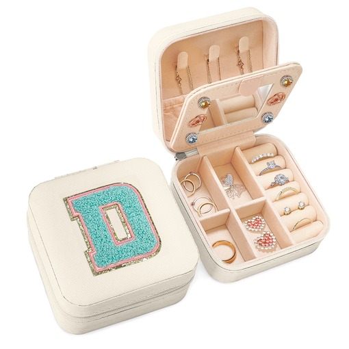 Personalized Jewelry Box, White Travel Jewelry Box with Initial D, Small Monogrammed Jewelry Case Organizer for Girls Women Teen Kids, Mini Travel Essentials Gifts for Birthday Christmas