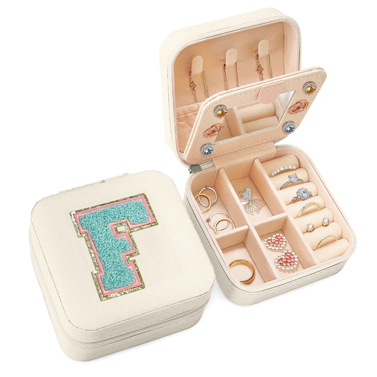 Personalized Jewelry Box, White Travel Jewelry Box, Small Monogrammed Jewelry Case Organizer for Girls Women Teen Kids, Mini Travel Essentials Gifts for Birthday Christmas