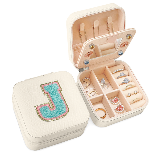 Personalized Jewelry Box, White Travel Jewelry Box with Initial J, Small Monogrammed Jewelry Case Organizer for Girls Women Teen Kids, Mini Travel Essentials Gifts for Birthday Christmas