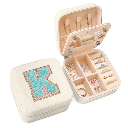 Personalized Jewelry Box, White Travel Jewelry Box with Initial K, Small Monogrammed Jewelry Case Organizer for Girls Women Teen Kids, Mini Travel Essentials Gifts for Birthday Christmas