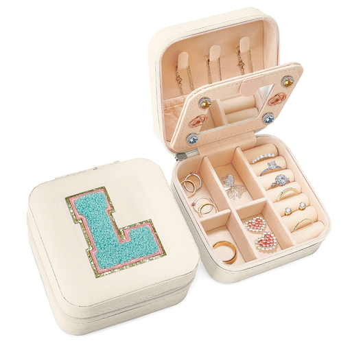 Personalized Jewelry Box, White Travel Jewelry Box with Initial L, Small Monogrammed Jewelry Case Organizer for Girls Women Teen Kids, Mini Travel Essentials Gifts for Birthday Christmas